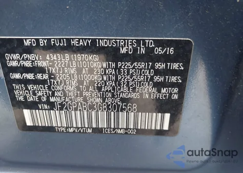 2016 Subaru Crosstrek 2.0I Premium from USA, damaged, VIN JF2GPABC3G8307568